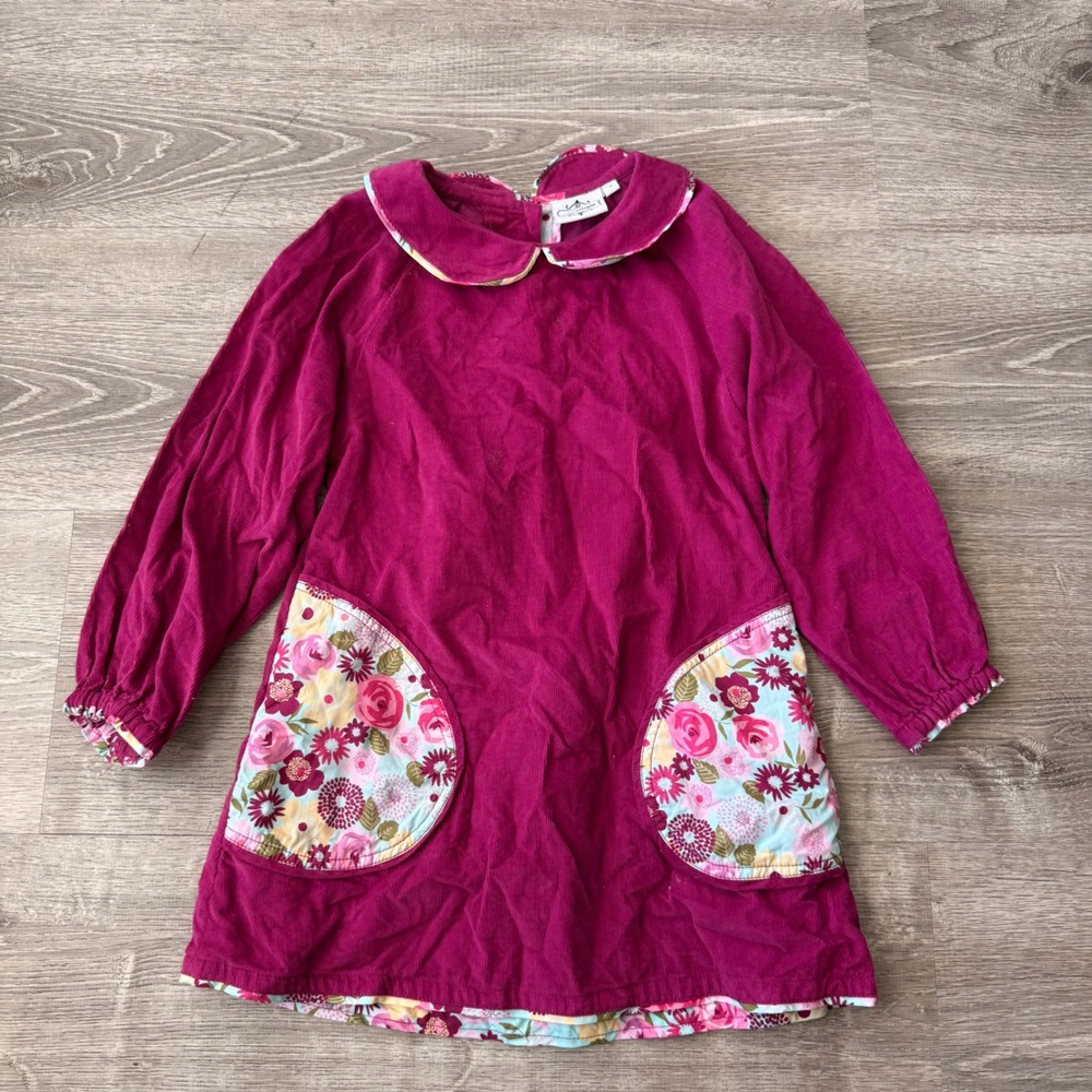 Lallie Addington Girls Corduroy Floral Pocket Dress Magenta Purple Size 7
